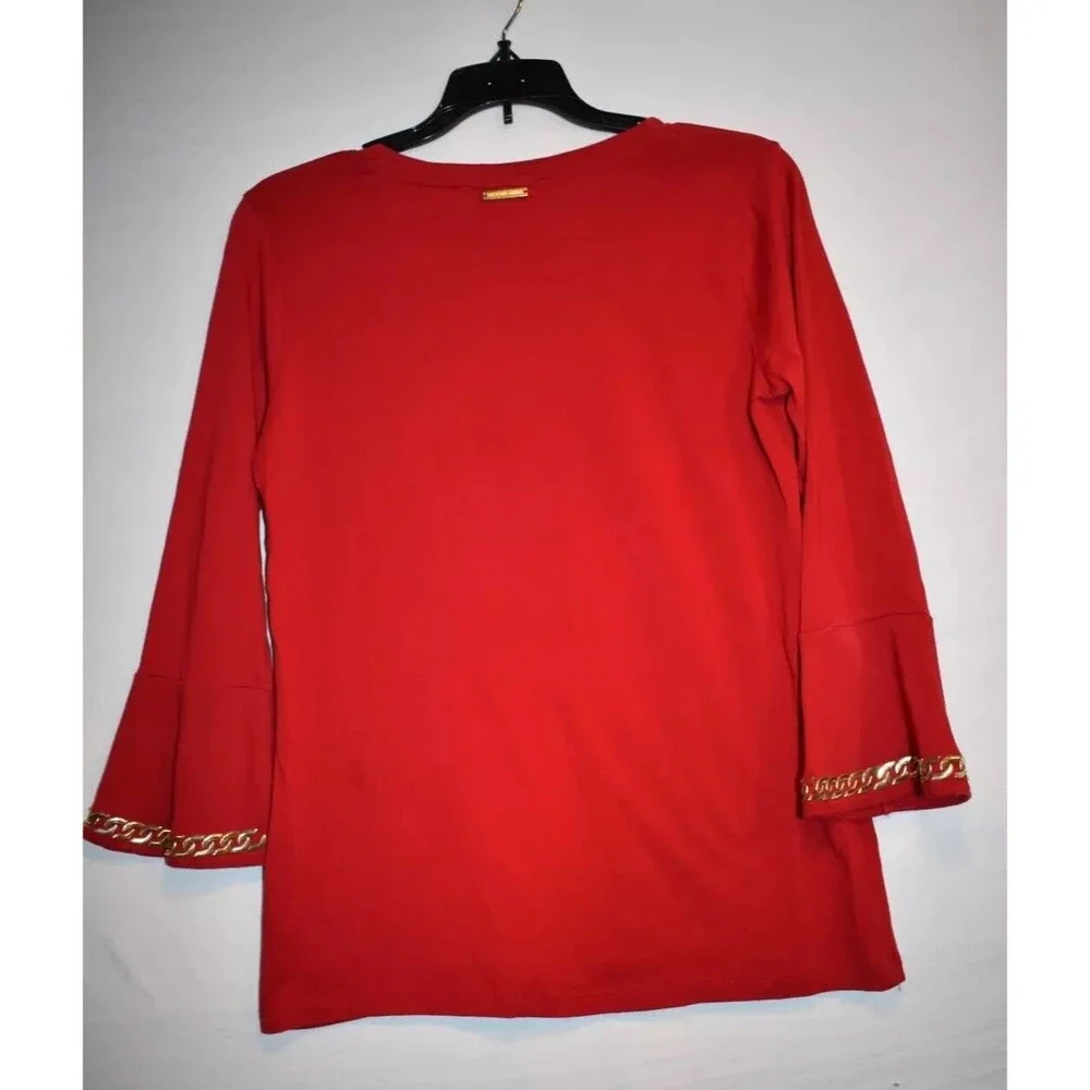 Michael Kors Gold  Studded  Top  Red Size Medium Bell Sleeves